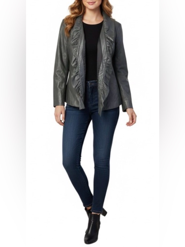 Lafayette 148 Ny Plus Size Deep Green Leather Ruffled Lined Jacket Size 20